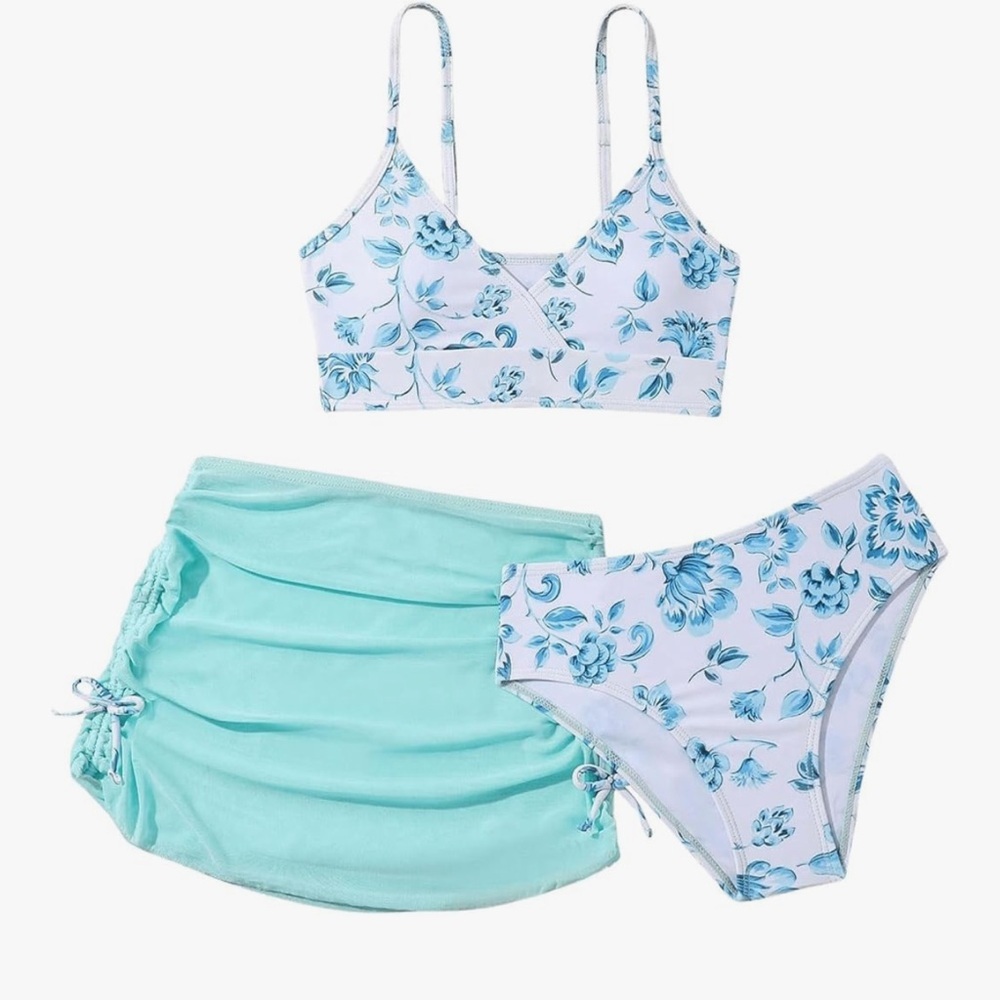 Floral Blue and White girls swim Set